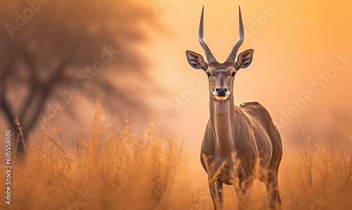 Photo of nilgai  majestic and regal in the arid plains of Rajasthan. The composition captures the impressive size and strength of the antelope on desert landscape with the rich  earthy colors.