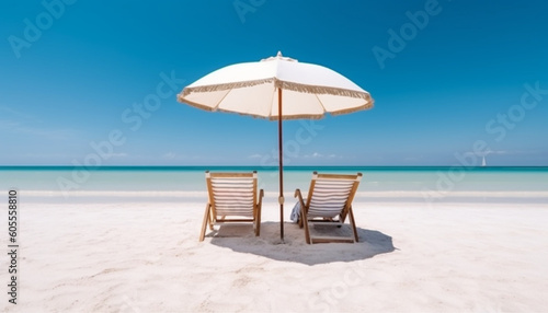 Beach umbrella with chairs on the sand. summer vacation concept © ImaginaryInspiration