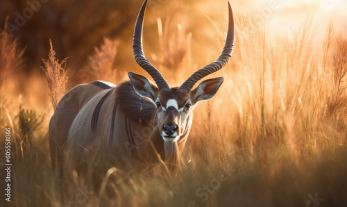 photo of nyala in tall grass at sunset. Generative AI