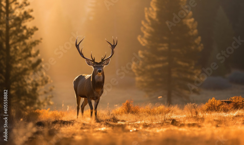 Photo of mule deer in golden hour light of a misty mountain meadow. The animal stands tall, antlers branching out majestically, surrounded by the serene beauty of its natural habitat. Generative AI