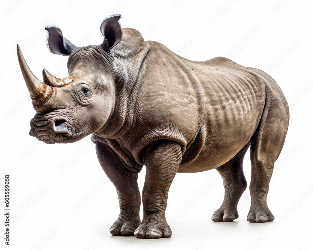 Fototapeta premium photo of northern white rhinoceros isolated on white background. Generative AI