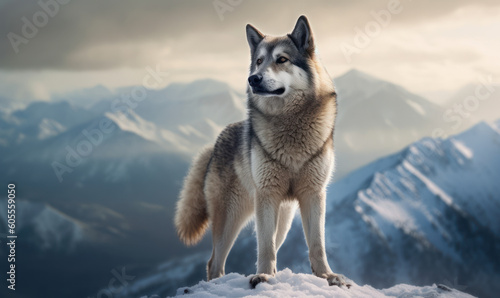 On Top of the World  Photo of Norwegian elkhound  poised atop snow-covered mountain peak  surrounded by mist   low-hanging clouds showing elkhound s keen senses and love of the outdoors. Generative AI