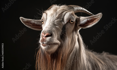 closeup studio photo shot of Nubian goat on dark background. Generative AI © Bartek