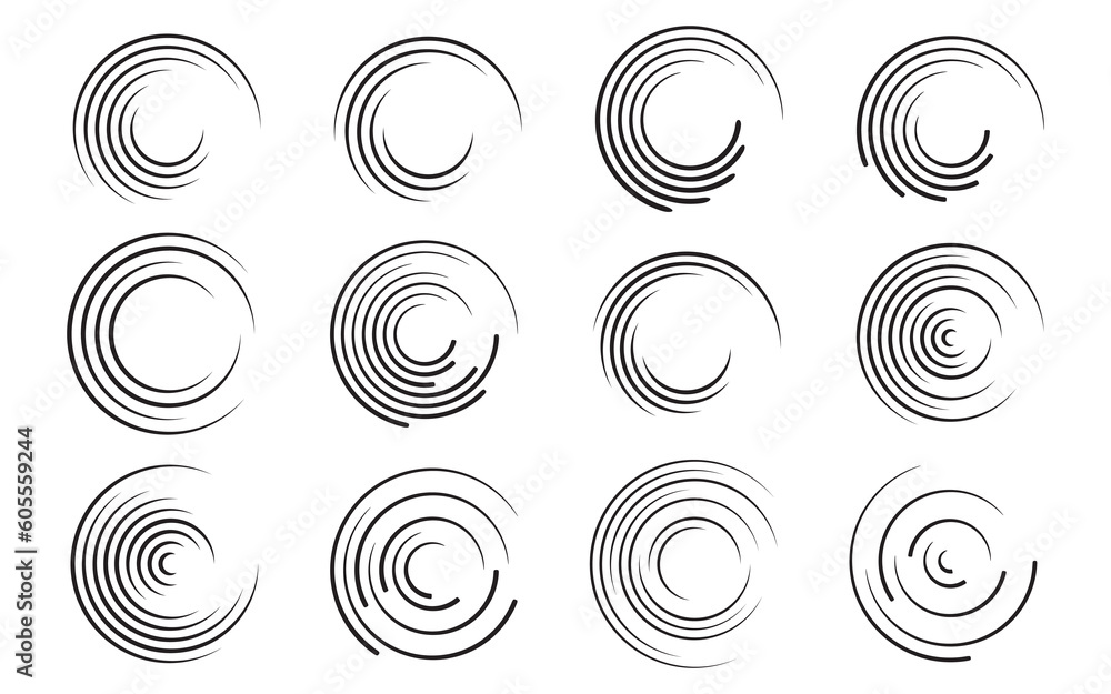 Set of black speed lines in circle form. Geometric art. Design element for frame, logo, tattoo, web pages, prints, posters, template, abstract vector background. Set of black speed lines in circle form. Geometric art. Design element for frame, logo, tattoo, web pages, prints, posters, template, abstract vector background.