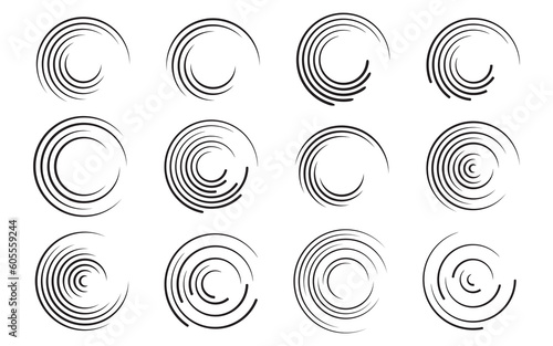 Set of black speed lines in circle form. Geometric art. Design element for frame, logo, tattoo, web pages, prints, posters, template, abstract vector background.