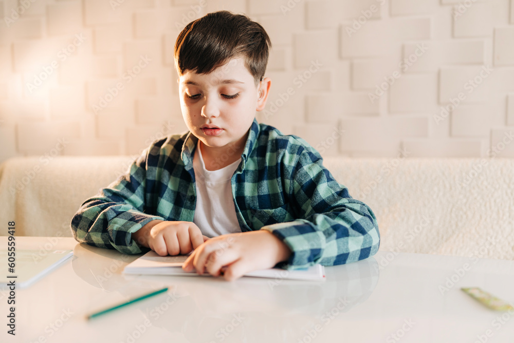 Kid school boy doing homework at home. Remote education. Reading writing subjects Kid school boy doing homework at home. Remote education. Reading writing subjects