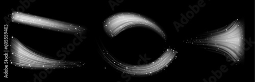 Realistic set of cold air flows isolated on black background. Vector illustration of cool wind motion effect, blizzard trails with sparkling particles, conditioner work, magic energy vortex, freshness