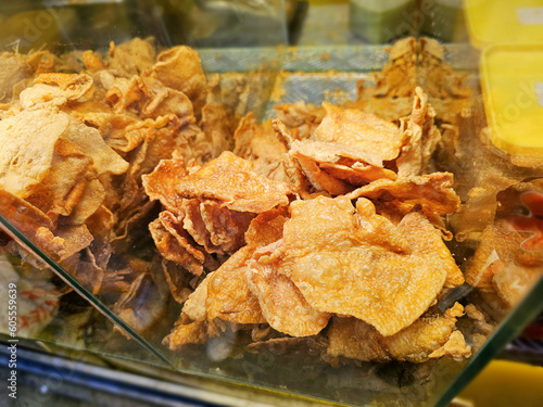 Thai street food Crispy Chicken Skin Chips, Fried Chicken Skin.