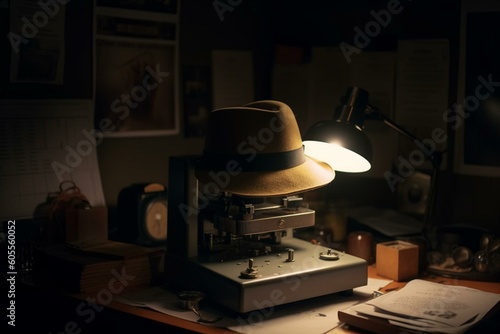 An overhead projector with a hat resting on top. Generative AI