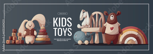 Banner design with push toys, pyramid,  teddy bear, plush bunnies. Children's toys, kid's shop, playing, childhood, baby care concept. Vector illustration for sale, banner, flyer.