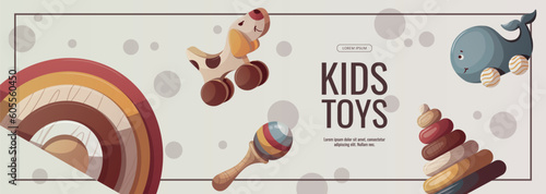 Banner design with wooden whale push toy, rainbow and baby's pyramid. Children's toys, kid's shop, playing, childhood, baby care concept. Vector illustration for sale, banner, flyer.