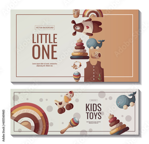 Set of banners with push toys, teddy bear, plush bunnies, baby clothes. Children's toys, kid's shop, playing, childhood, baby care concept. Vector illustration for poster, banner, flyer, sale.
