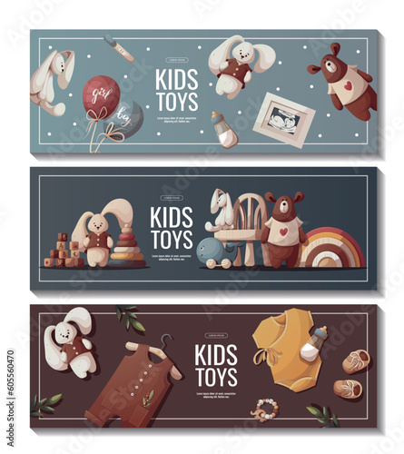 Set of banners with push toys, teddy bear, plush bunnies, baby clothes. Children's toys, kid's shop, playing, childhood, baby care concept. Vector illustration for poster, banner, flyer, sale.