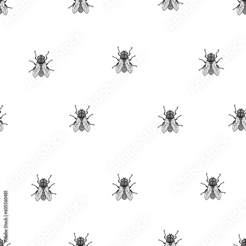 Seamless pattern with flies. Vector background with houseflies.