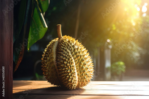 delicious fruit big durian on old wooden table with dark background warm light and cool backlight sunshine. Created with Generative AI Technology