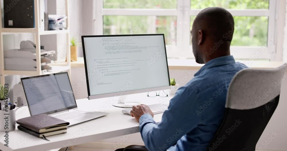 Computer Programmer Writing Program Code On Computer Computer Programmer Writing Program Code On Computer