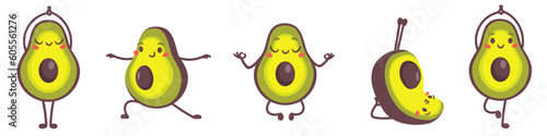 Cute vector set of funny illustrations. Smiling avocados doing yoga, meditation. 