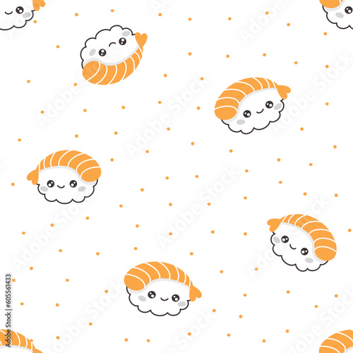 Seamless vector pattern. Cute smiling sushi, sushi with shrimp. Rolls, Japanese food 