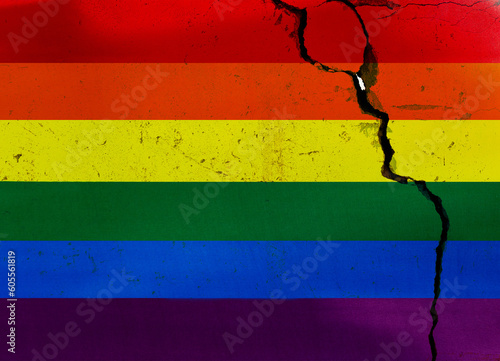 Rainbow flag on cracked wall photo