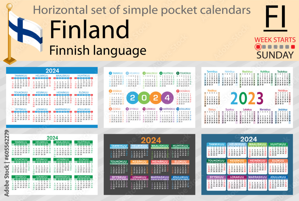 Finnish horizontal set of pocket calendar for 2024. Week starts Sunday Finnish horizontal set of pocket calendar for 2024. Week starts Sunday