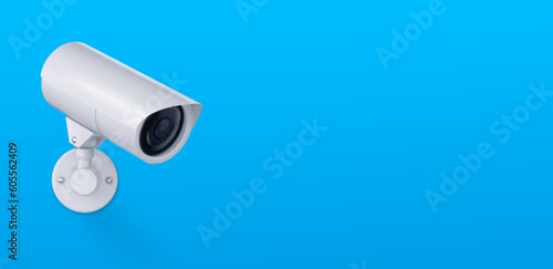 3d vector white safety security video spy camera. Cctv system equipment illustration for watch and recording hidden on street building wall. Realistic header concept for protect and observe privacy
