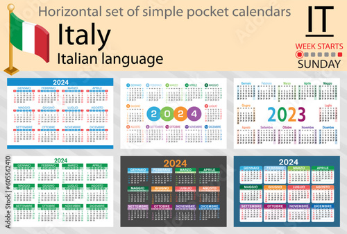 Italian horizontal set of pocket calendar for 2024. Week starts Sunday