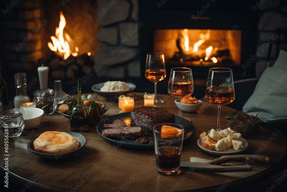 Food and drink on table by fireplace. Generative AI