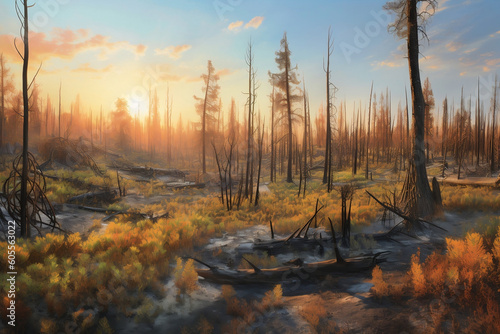  An illustration depicting the regeneration of a forest after a fire, showcasing the first signs of new life amidst the charred landscape, signifying hope and resilience.