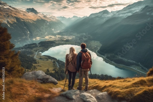 Romantic Couple on Mountain Summit, Gazing Into the Distancez. Generative AI
