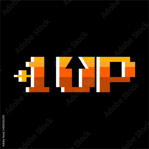 Pixel art 8-bit   1 level up and up arrow sign in letter U isolated on black background.
