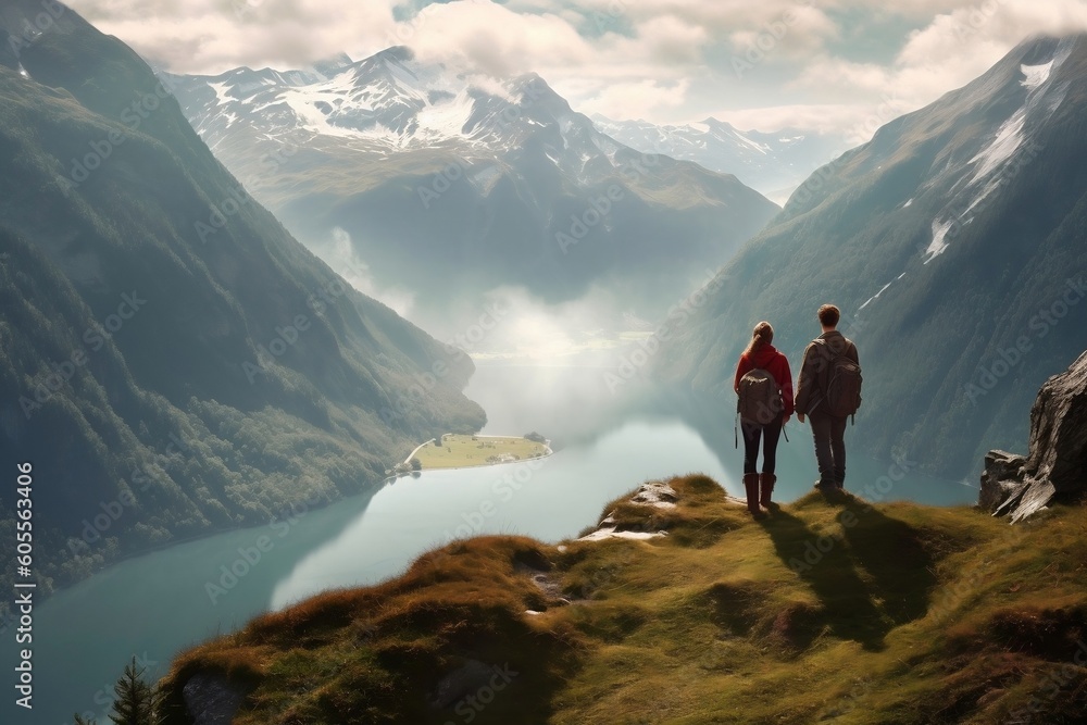 Romantic Couple on Mountain Summit, Gazing Into the Distancez. Generative AI