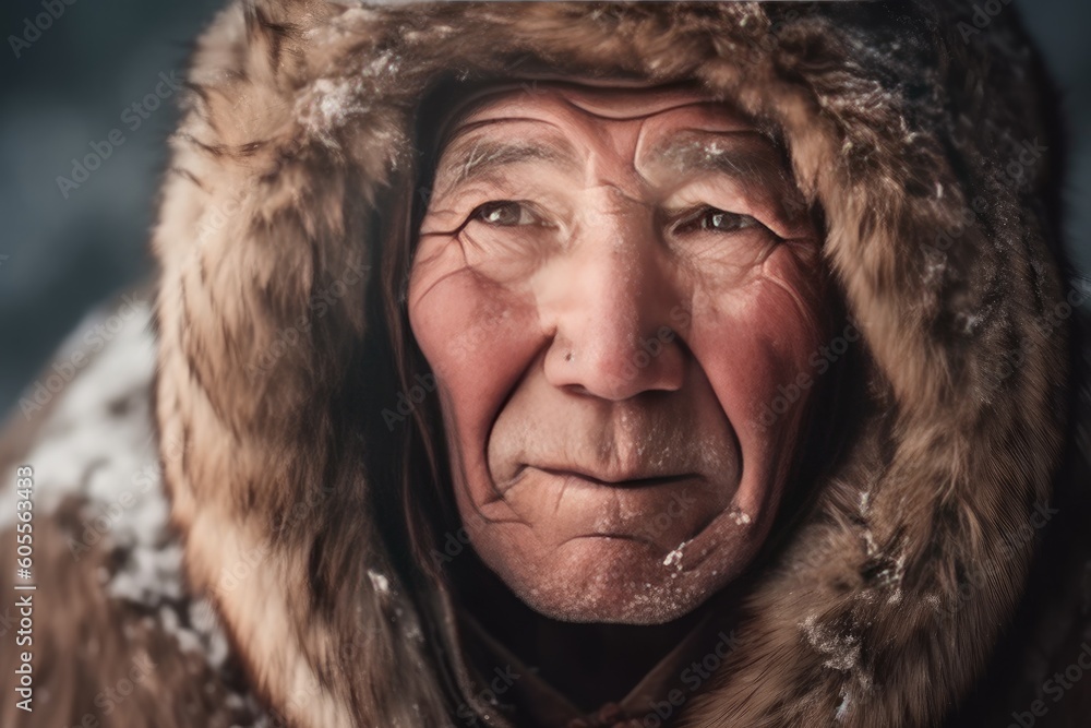 Old eskimo in warm clothes in the snow. AI generative Old eskimo in warm clothes in the snow. AI generative
