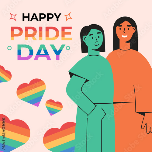 Happy pride day lgbt square banner template. Couple of lgbt women standing, hugging together. Colored flat vector illustration.