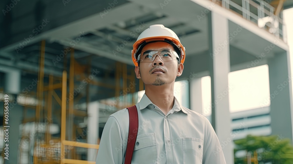 Portrait of Asian engineer or architect wearing safety helmet and standing in construction site.Generative Ai Portrait of Asian engineer or architect wearing safety helmet and standing in construction site.Generative Ai