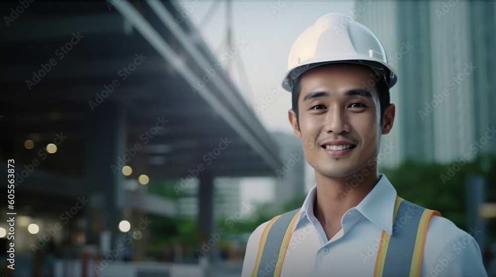 Portrait of Asian engineer or architect wearing safety helmet and standing in construction site.Generative Ai Portrait of Asian engineer or architect wearing safety helmet and standing in construction site.Generative Ai