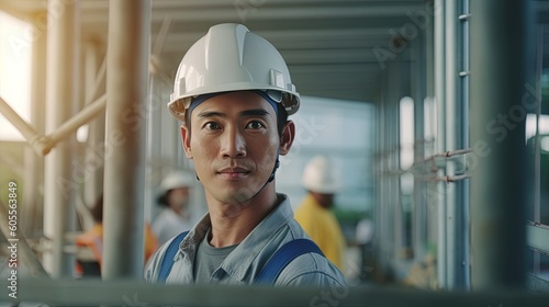 Portrait of Asian engineer or architect wearing safety helmet and standing in construction site.Generative Ai