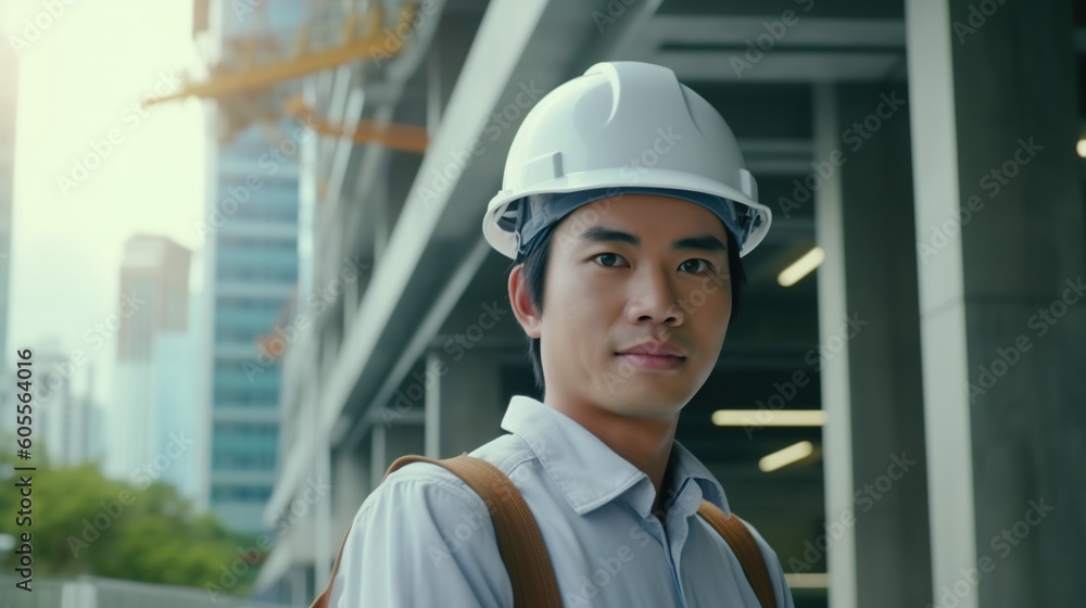 Portrait of Asian engineer or architect wearing safety helmet and standing in construction site.Generative Ai Portrait of Asian engineer or architect wearing safety helmet and standing in construction site.Generative Ai