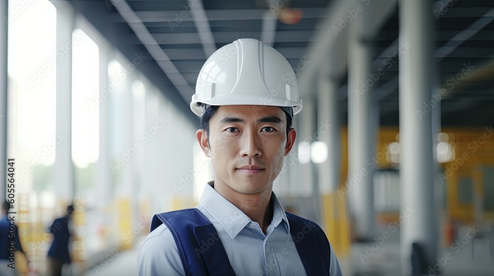 Portrait of Asian engineer or architect wearing safety helmet and standing in construction site.Generative Ai Portrait of Asian engineer or architect wearing safety helmet and standing in construction site.Generative Ai