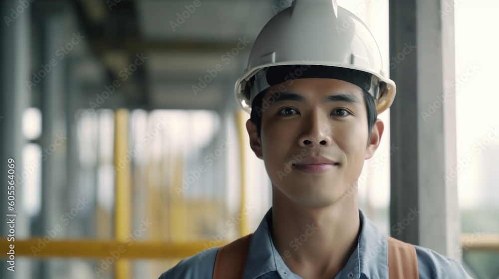 Portrait of Asian engineer or architect wearing safety helmet and standing in construction site.Generative Ai Portrait of Asian engineer or architect wearing safety helmet and standing in construction site.Generative Ai