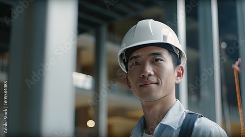Portrait of Asian engineer or architect wearing safety helmet and standing in construction site.Generative Ai