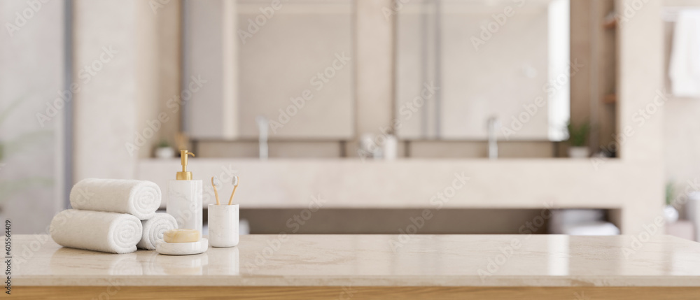 Copy space on a white tabletop with toiletries in a modern white bathroom with double sink. - obrazy, fototapety, plakaty 