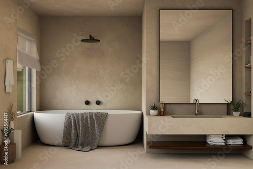 Photographie Interior design of a modern loft bathroom with bathtub, large mirror and loft va