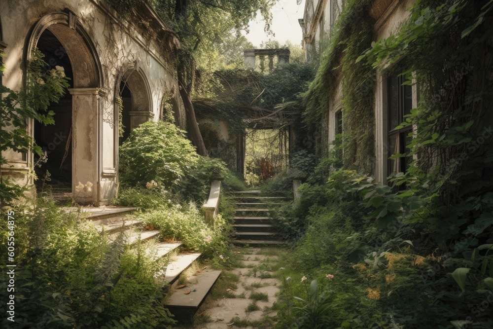 overgrown and forgotten garden in abandoned villa, created with generative ai