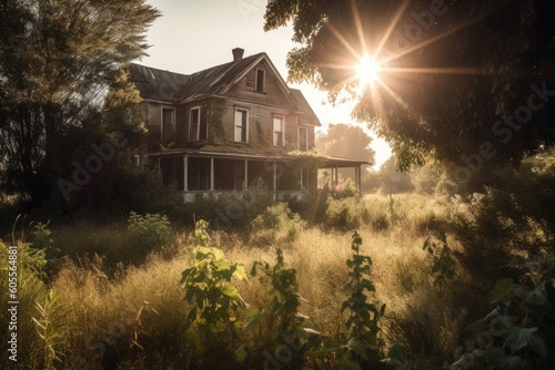 an abandoned house surrounded by overgrown grass, with sun rays peeking through the windows, created with generative ai © Natalia