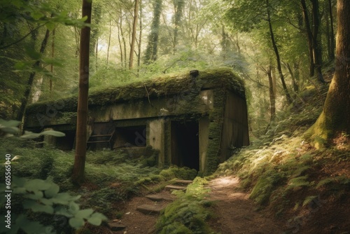 abandoned bunker in the forest  with trees and vegetation growing around it  created with generative ai