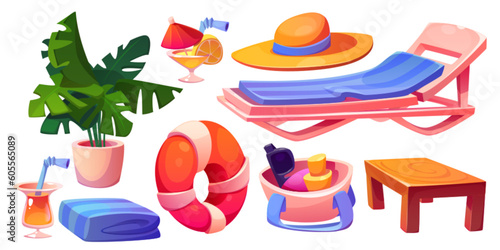 Summer pool beach cartoon lounger png object set. Hat, towel, plant and sunbed collection for sea vacation icon. Patio furniture with inflatable swimming circle for relax and rest in water on poolside