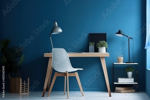 Stylish Blue Room Office Setup  Desk with Supplies and Wall Copy Space for a Minimalistic Workspace. Modern Blue Room Office Design. 