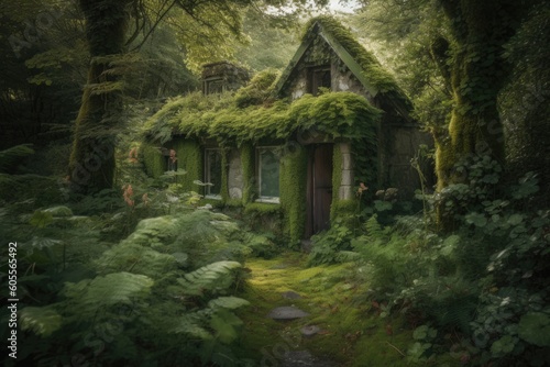 abandoned cottage, surrounded by overgrown gardens and moss-covered walls, created with generative ai
