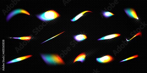 Crystal rainbow light leak flare reflection effect vector illustration set. Colorful optical rainbow lights beams lens flare leak overlay streaks on transparent dark background.