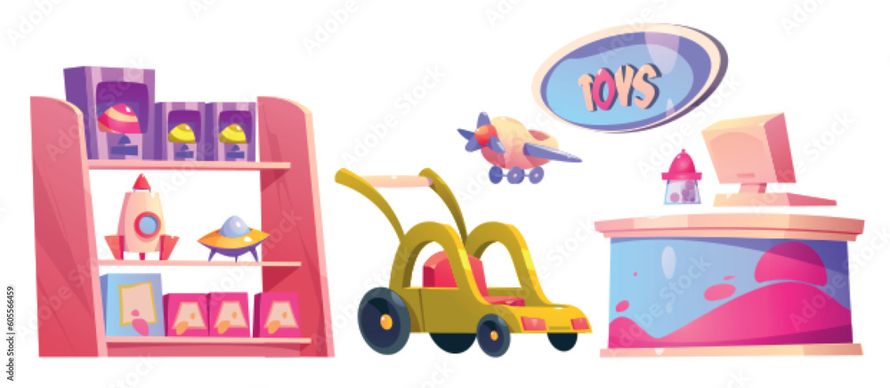 Cartoon set of toy shop furniture isolated on white background. Vector illustration of shelf with rockets, boxes with gifts for children, computer on cash desk, store signboard, car trolley for kids